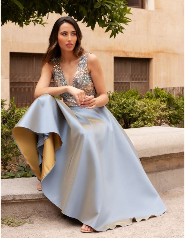 Midi dress with satin skirt and sequin bodice 2