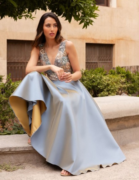 Midi dress with satin skirt and sequin bodice