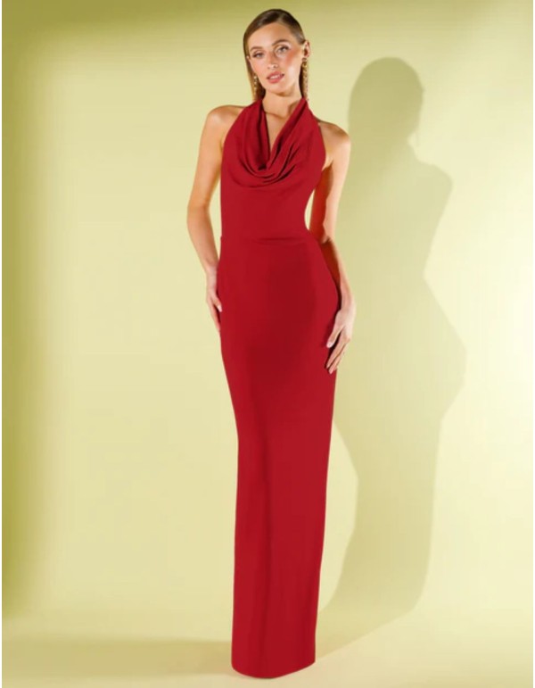 Long red knitted dress with draped cascade neckline