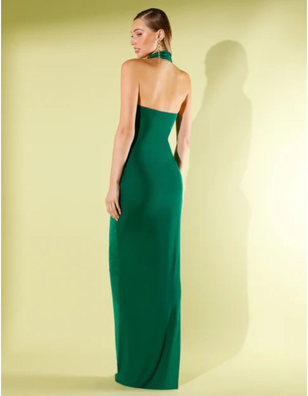 Vestido largo de fiesta verde con escote cascada drapeado