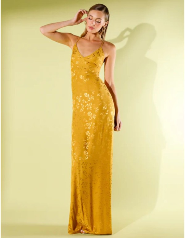 Mustard jacquard satin long dress with straps