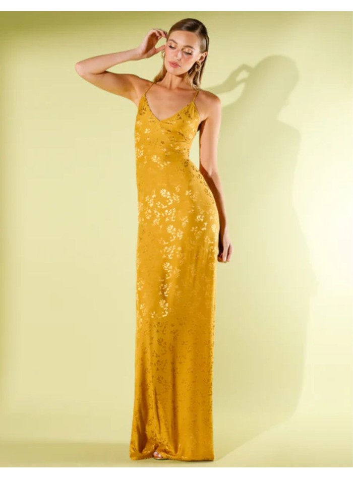 Vestido largo satinado en jacquard mostaza con...