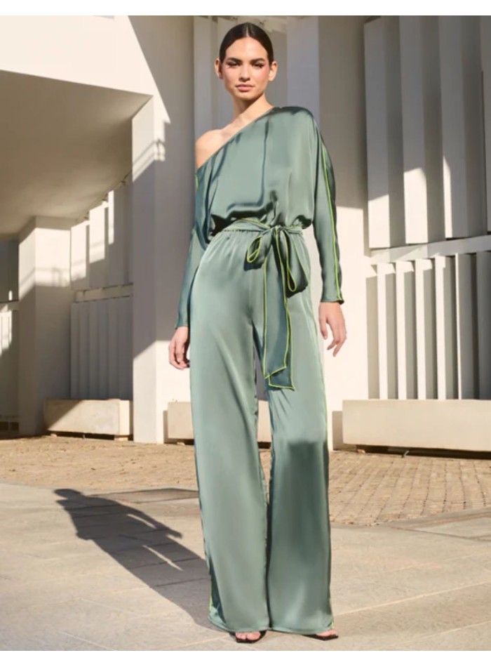 Asymmetrical satin green jumpsuit with bat...