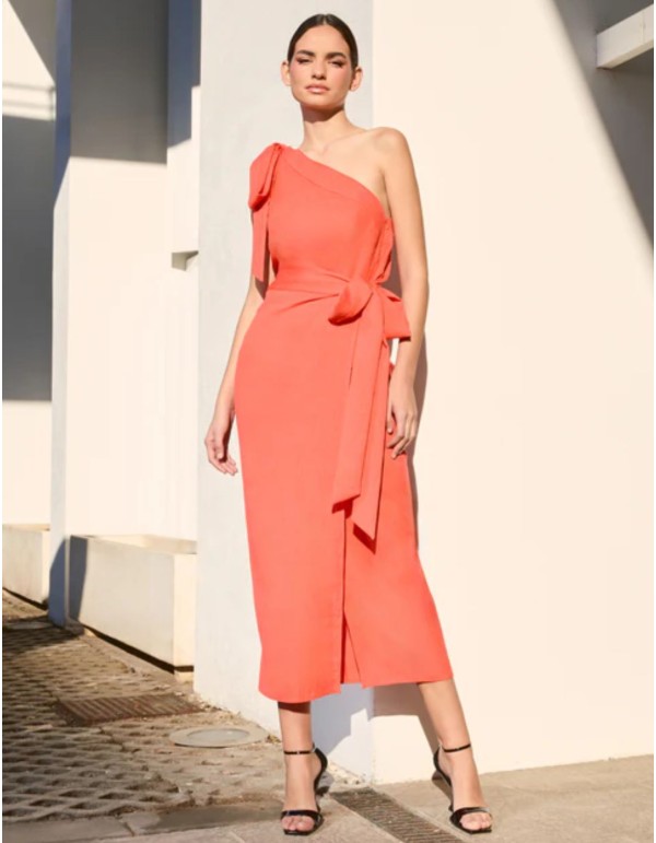 Falda midi naranja con lazada lateral en falso liso