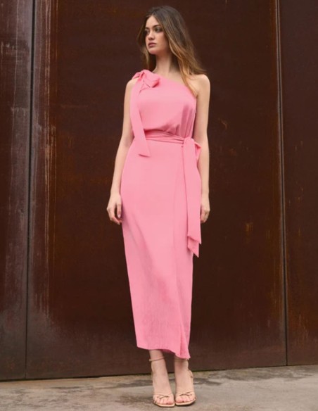 Pink midi skirt with side bow in faux smooth
