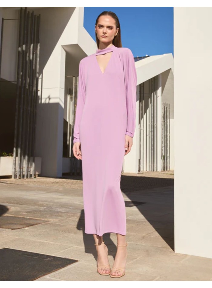 Lilac midi guest dress with open back and bat...