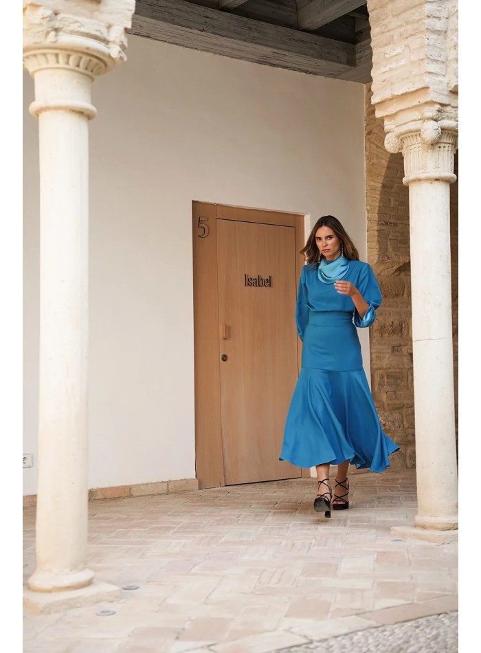 Turquoise wide waist midi skirt with layered...