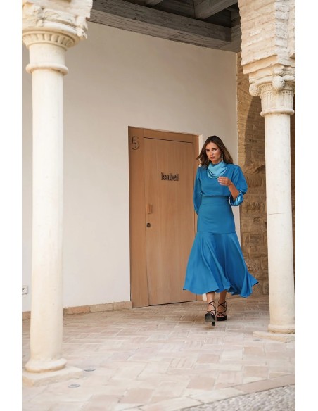 Turquoise wide waist midi skirt with layered hemline