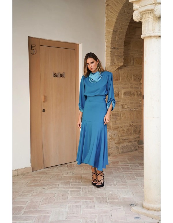 Jupe midi à taille large turquoise avec ourlet superposé 2