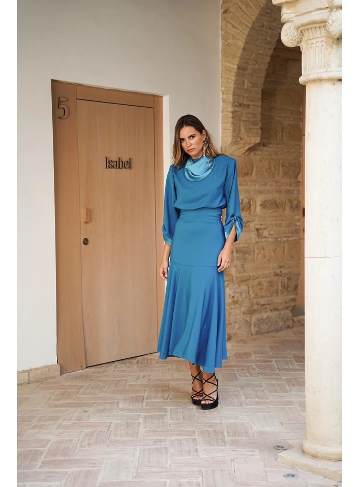 Jupe midi à taille large turquoise avec ourlet...