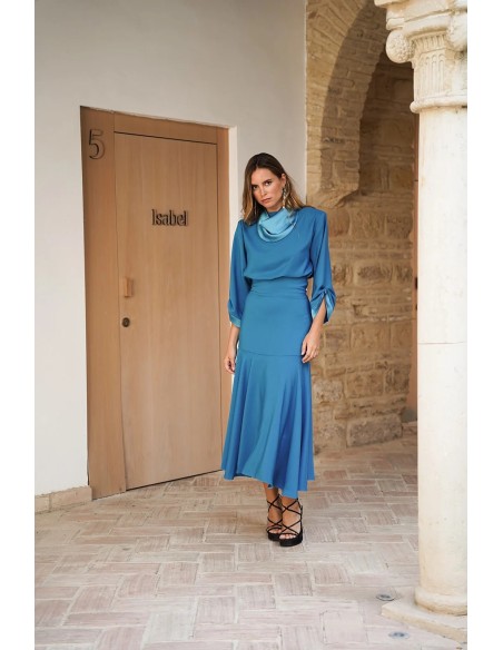 Jupe midi à taille large turquoise avec ourlet superposé