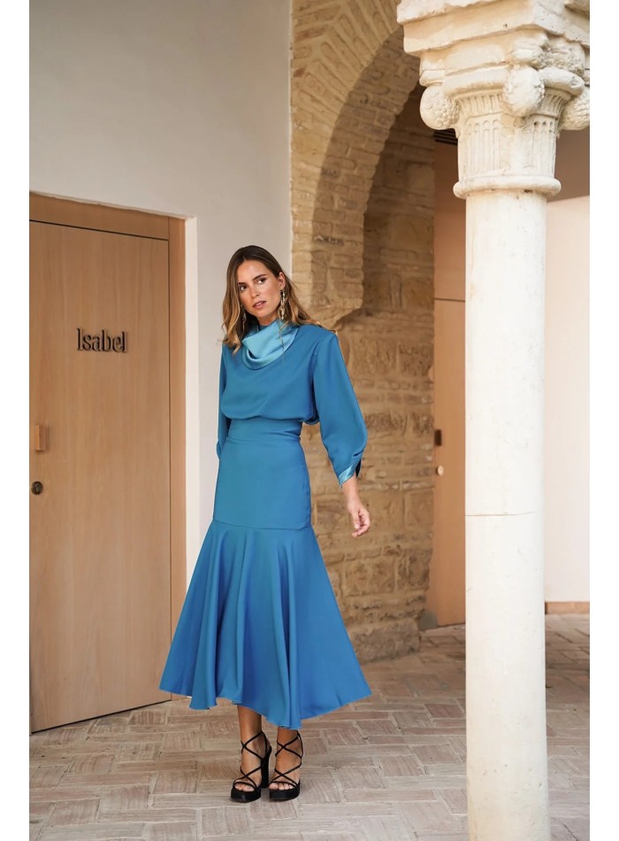 Turquoise wide waist midi skirt with layered...