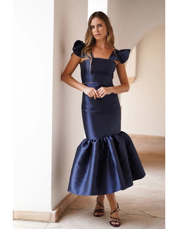 Midi skirt in navy blue mikado with ruffles 2