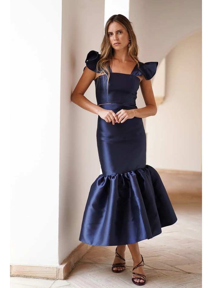 Jupe midi en mikado bleu marine à volants