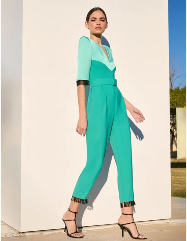 Combinaison de fête vert aqua avec franges en cristal