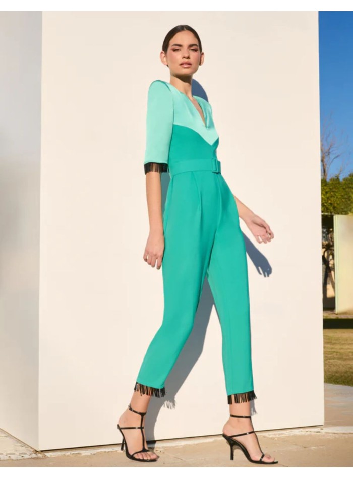 Aqua green party jumpsuit with crystal bangs