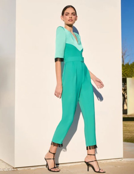 Mono de fiesta verde agua con flecos de cristal