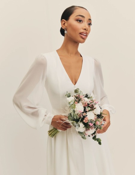 Midi wedding dress with chiffon sleeves and V-neckline