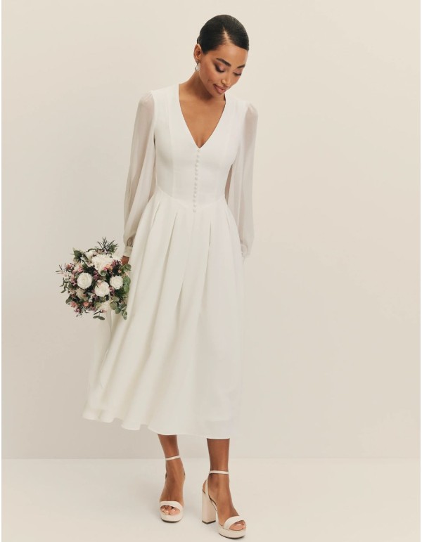 Robe de mariée midi avec manches en mousseline et...