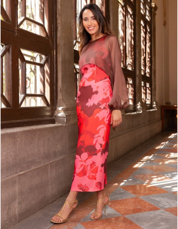 Vestido midi estampado con capa removible