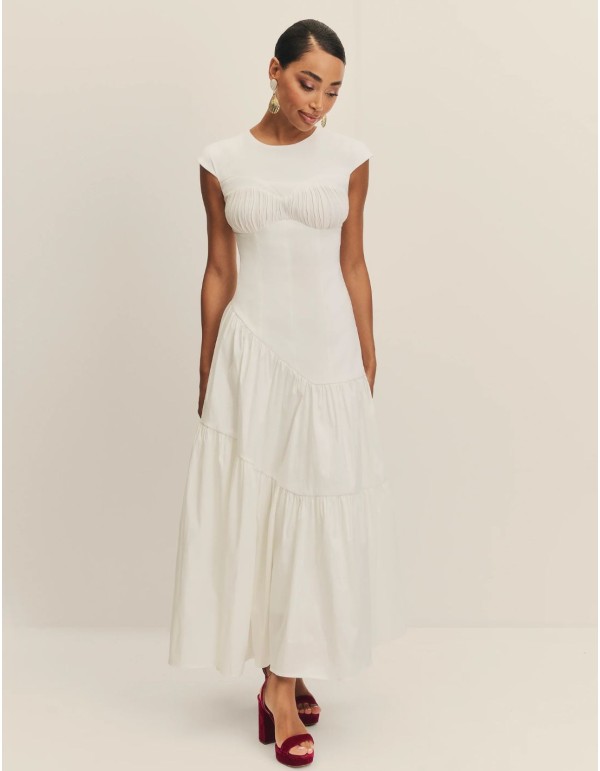 Taffeta midi wedding dress with fitted waistline