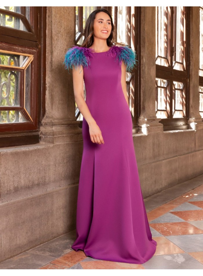 Long dress with feather detail and open back