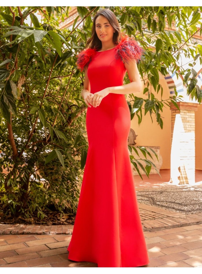 Vestido largo con detalle de plumas y espalda...