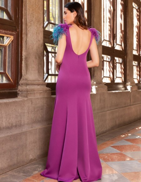 Robe longue avec plumes et dos ouvert