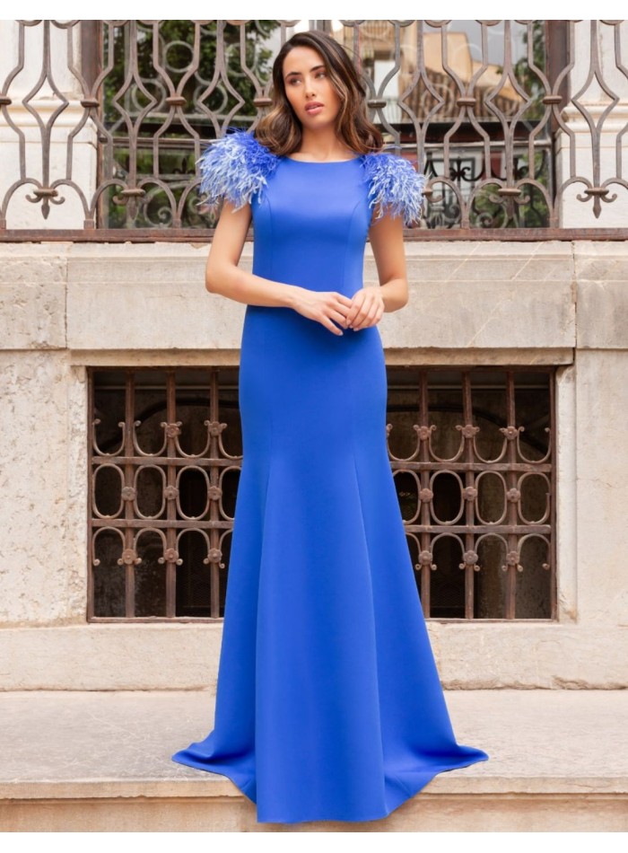 Vestido largo con detalle de plumas y espalda...