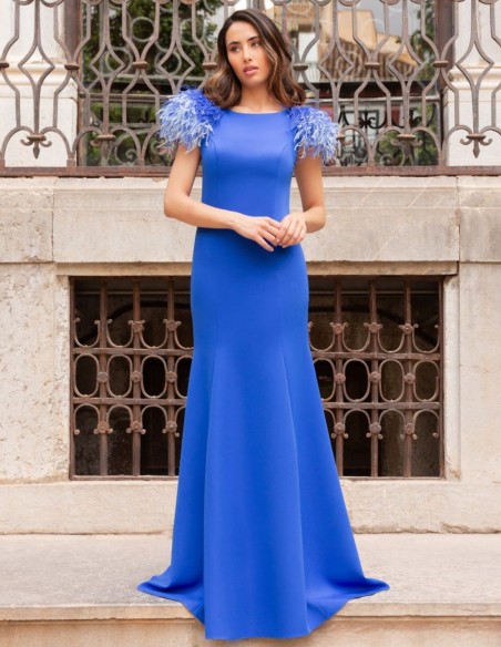 Vestido largo con detalle de plumas y espalda descubierta