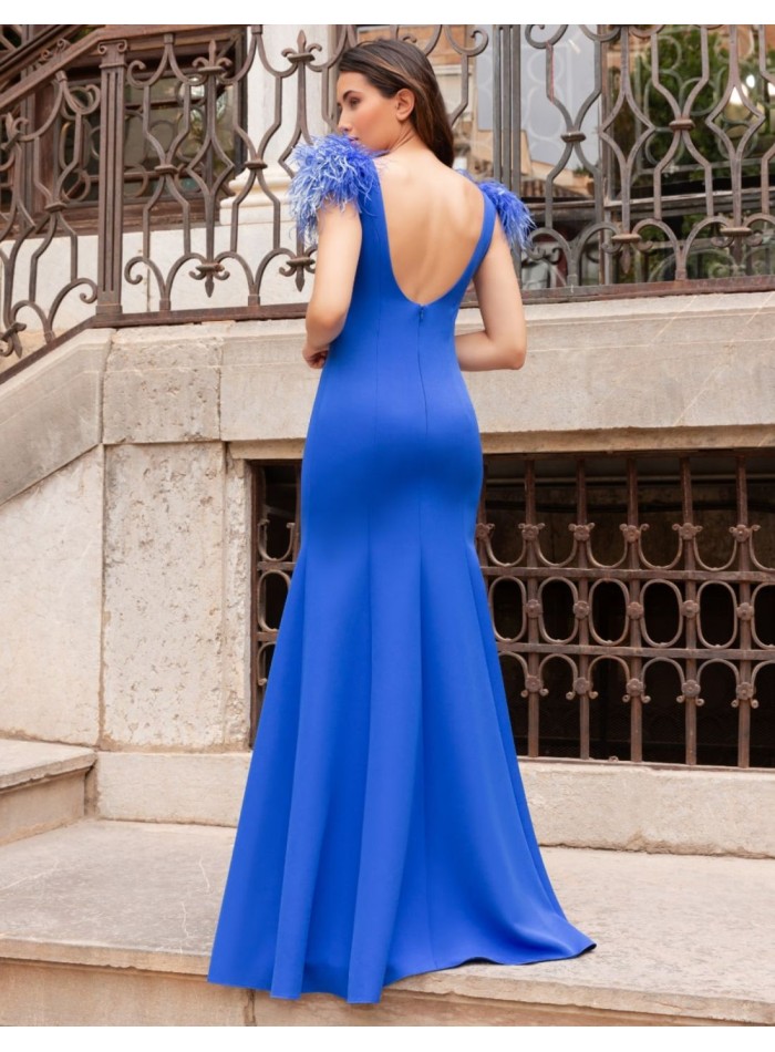 Vestido largo con detalle de plumas y espalda...