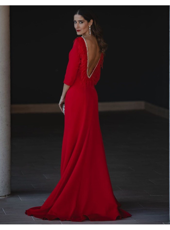 Vestido largo con detalle de plumas y pedrería...