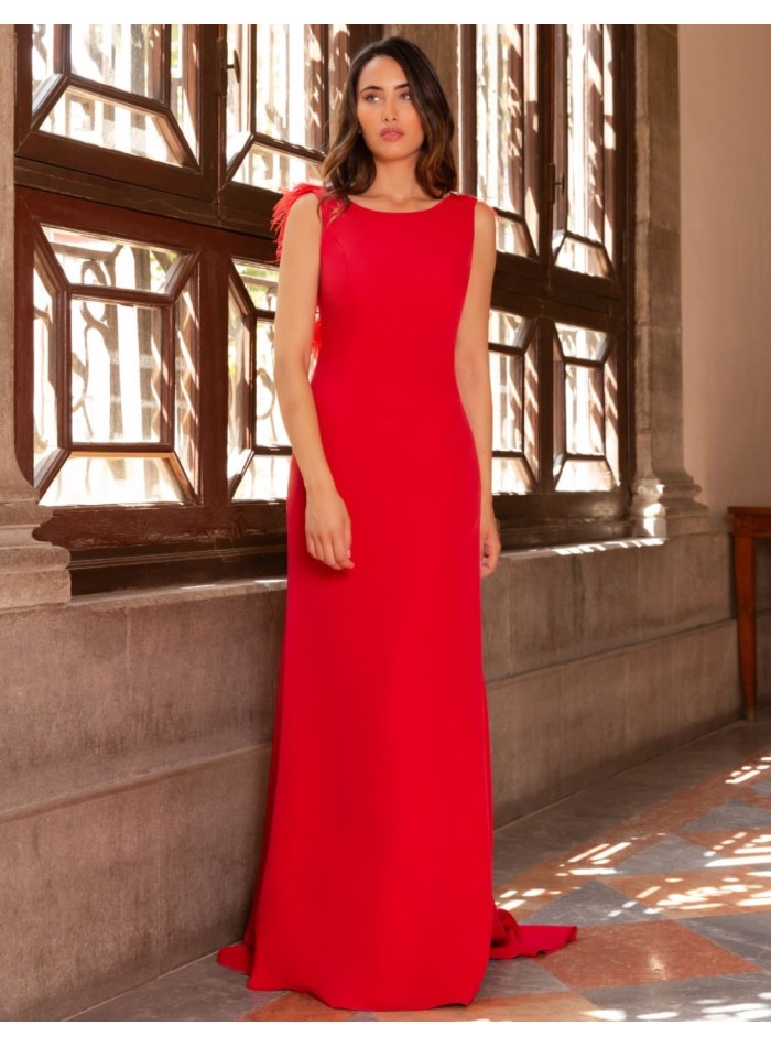 Vestido largo con detalle de plumas y pedrería...