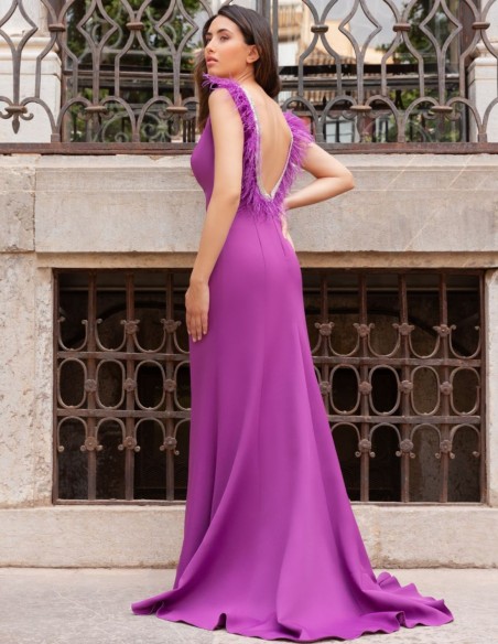 Vestido largo con detalle de plumas y pedrería en la espalda