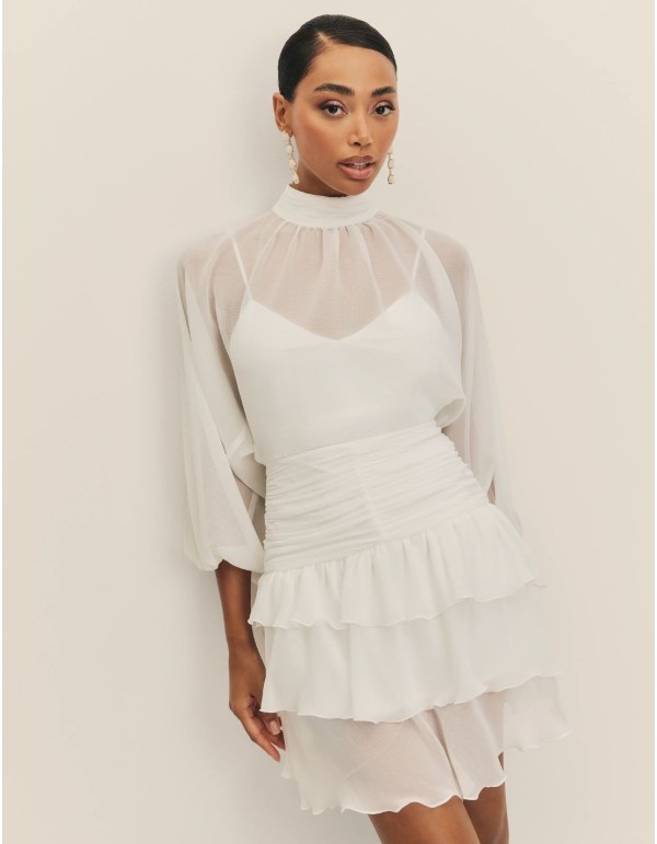 Vestido corto de novia en gasa y cuello halter