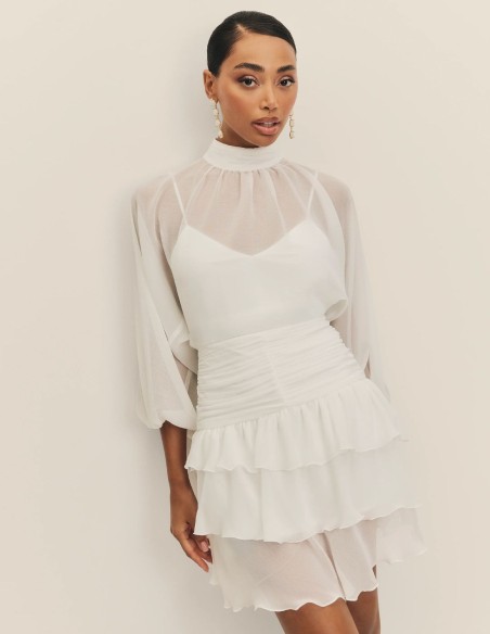 Vestido corto de novia en gasa y cuello halter