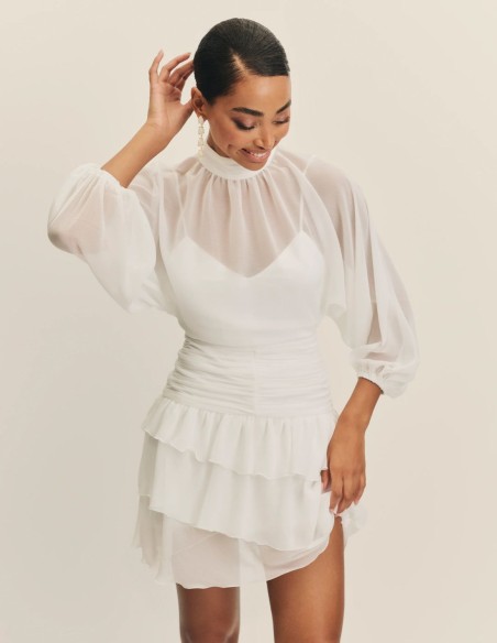 Vestido corto de novia en gasa y cuello halter