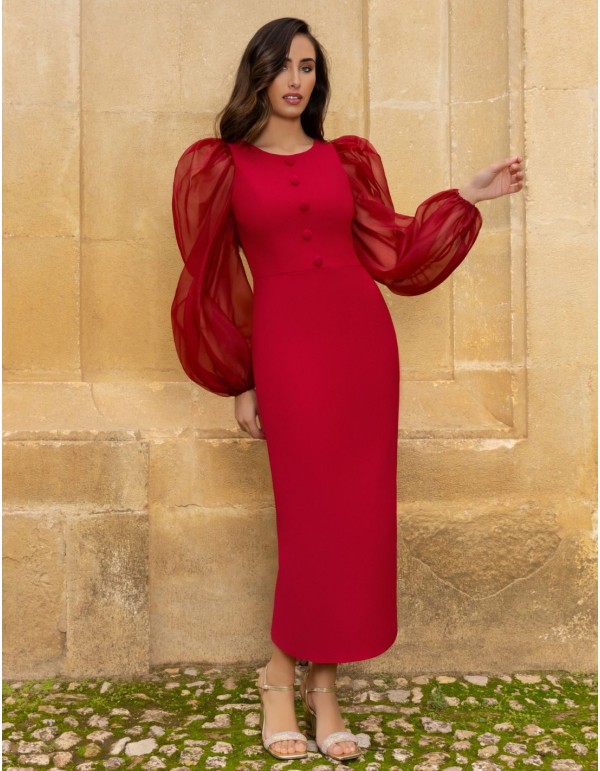 Vestido midi con manga globo y botones