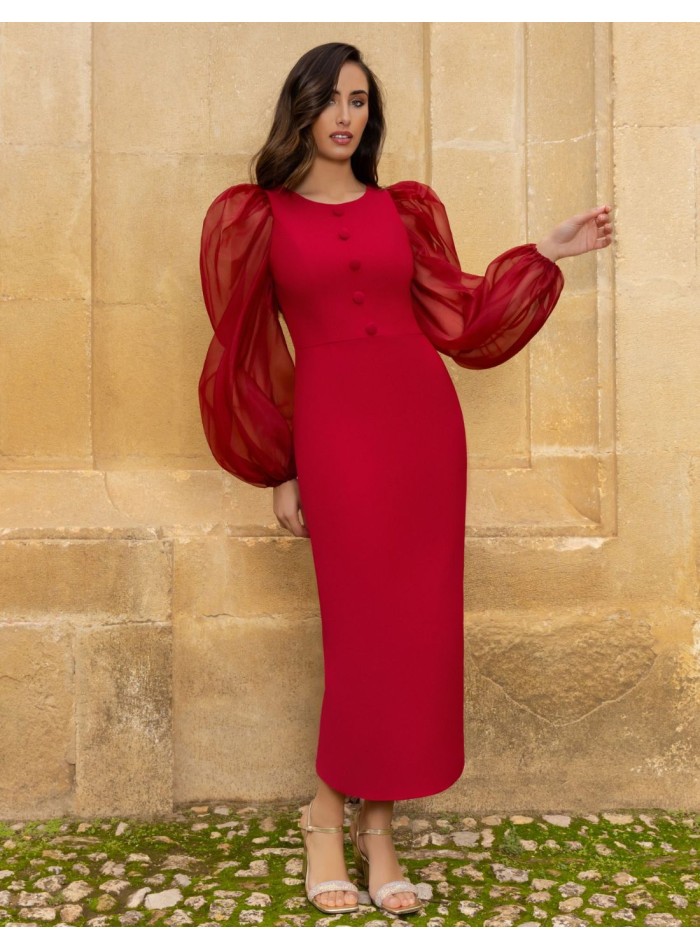 Midi dress with balloon sleeves and buttons