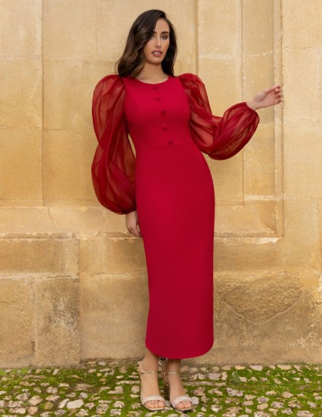 Midi dress with balloon sleeves and buttons