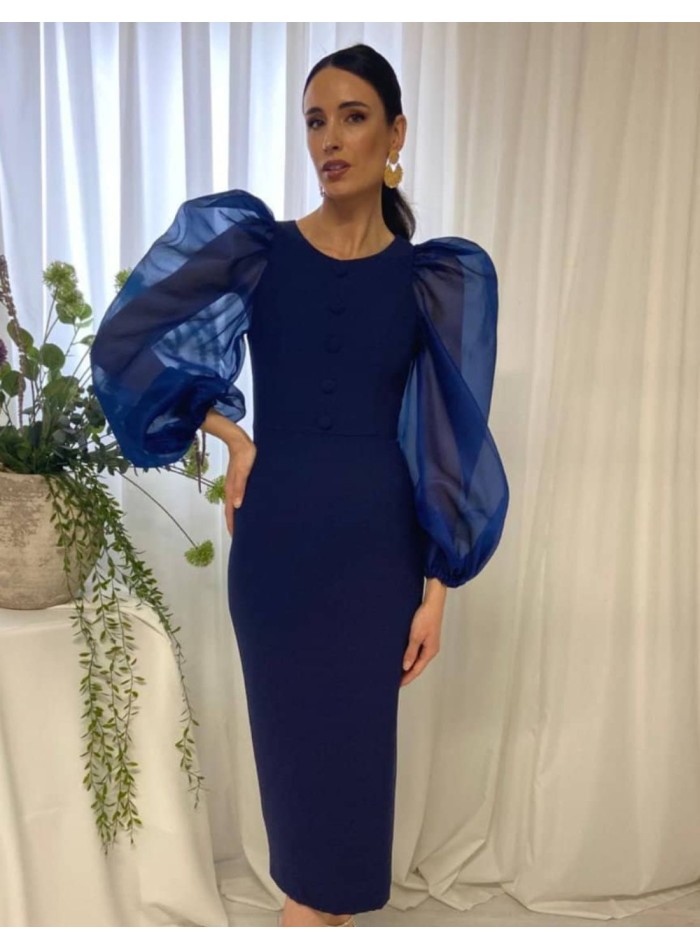 Midi dress with balloon sleeves and buttons