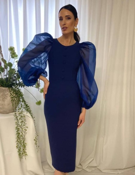 Midi dress with balloon sleeves and buttons