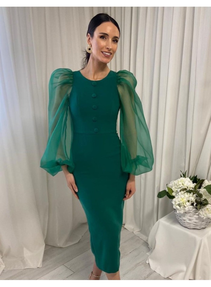 Midi dress with balloon sleeves and buttons