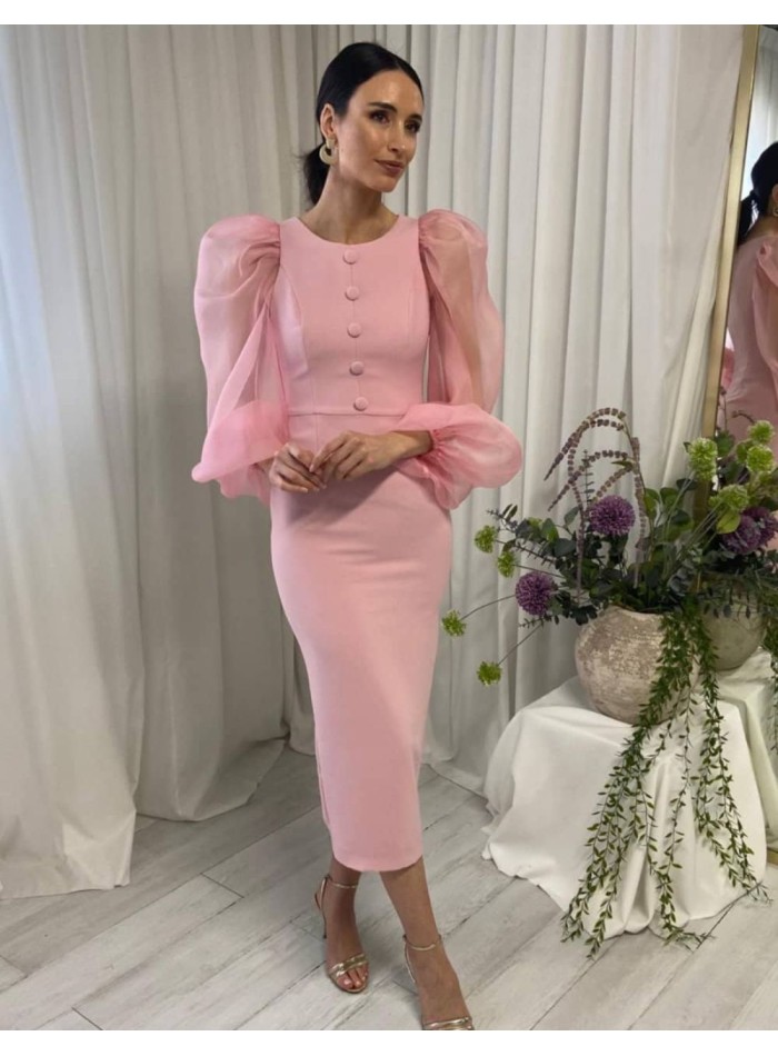 Midi dress with balloon sleeves and buttons