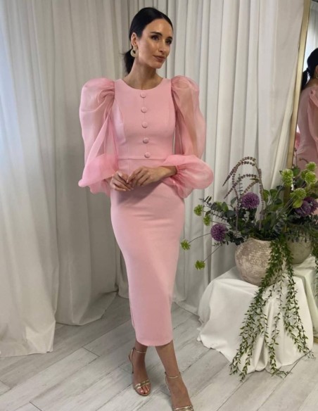 Robe midi avec manches ballon et boutons
