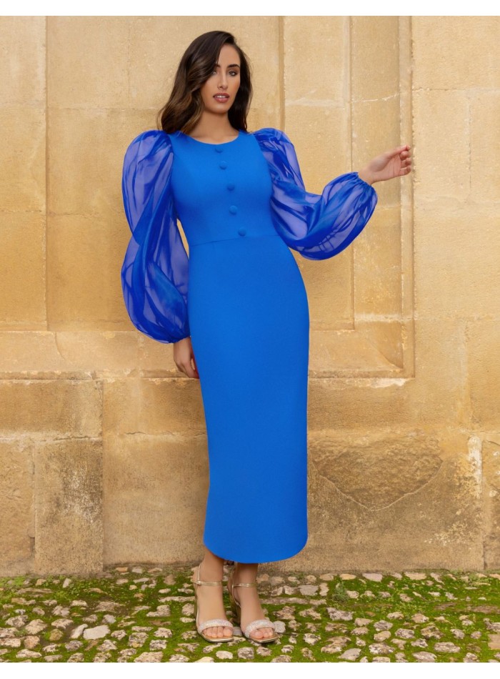 Midi dress with balloon sleeves and buttons