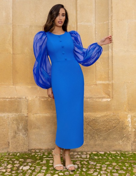 Midi dress with balloon sleeves and buttons