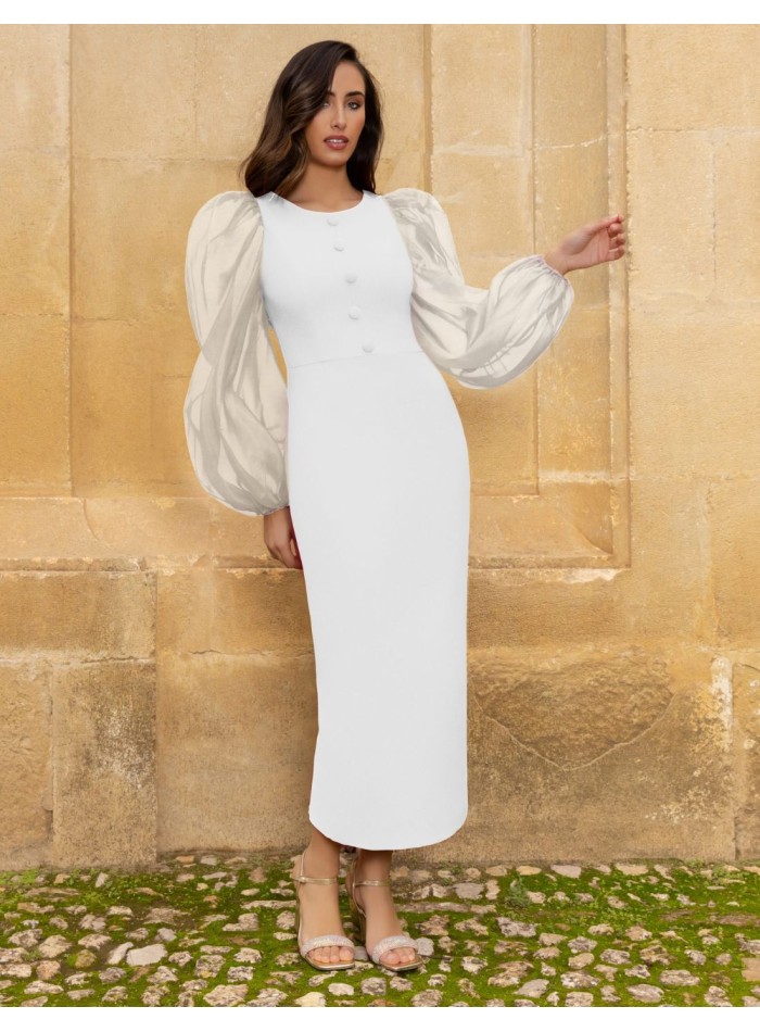 Vestido midi con manga globo y botones