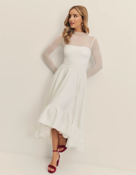 Midi wedding dress with sweetheart neckline and asymmetrical skirt
