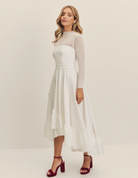Midi wedding dress with sweetheart neckline and asymmetrical skirt